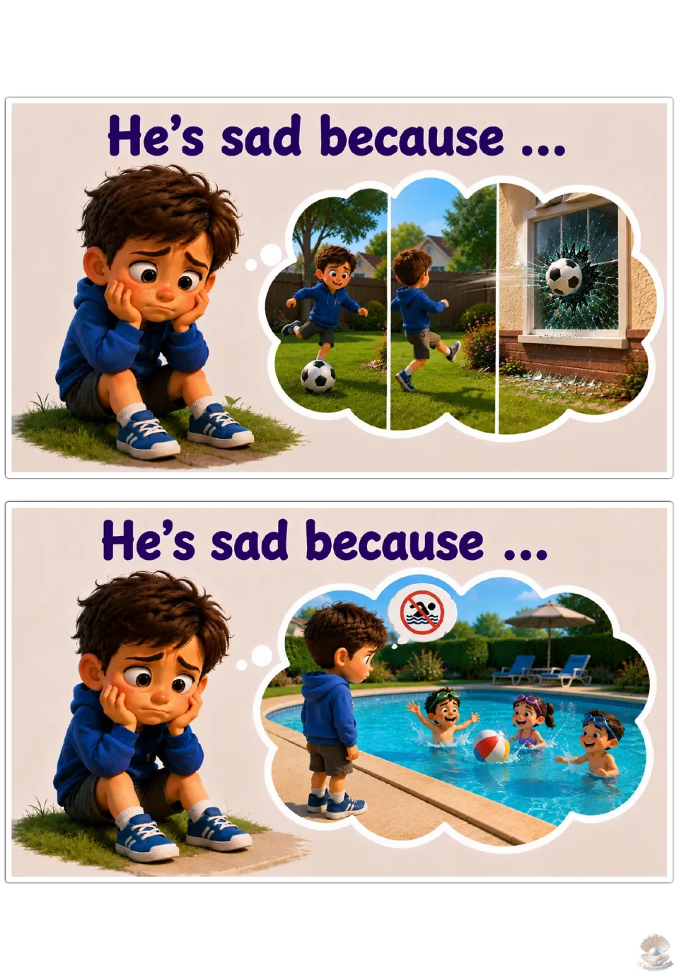 Sad sentence starter: students finish 'He's sad because ...' for a ball through a window and a pool he can't join
