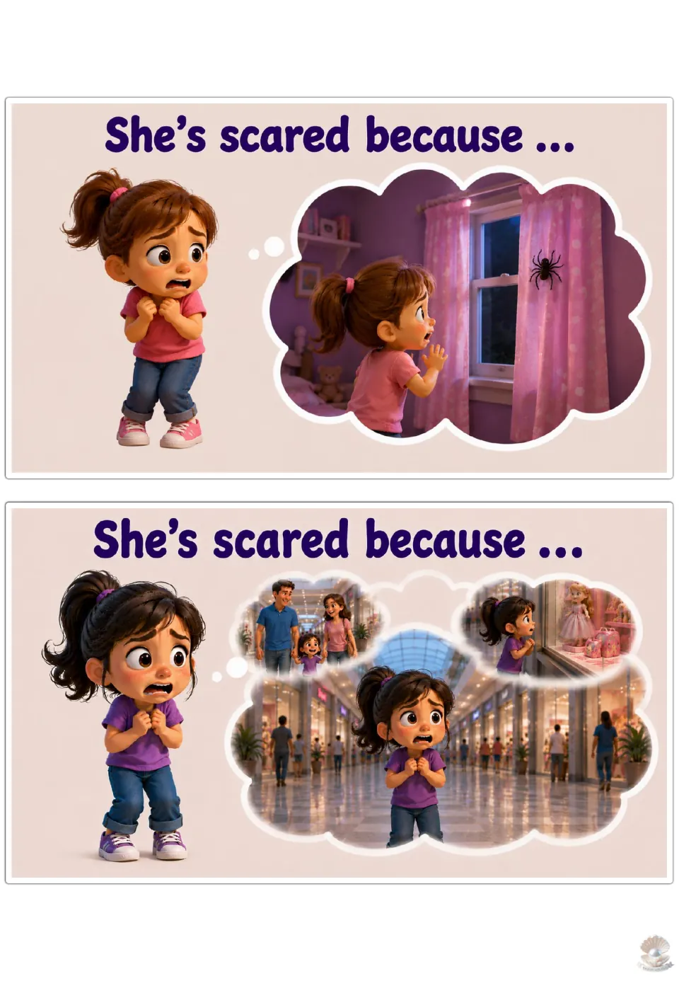 Scared sentence starter: students finish 'She's scared because ...' for a spider on the curtain and being lost in a mall