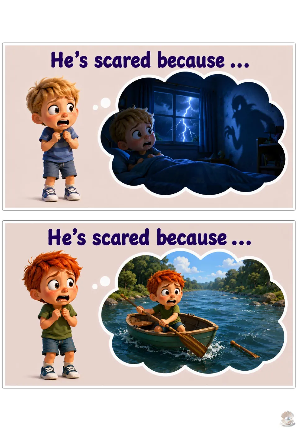 Scared sentence starter: students finish 'He's scared because ...' for a storm shadow at night and a rowboat on a river