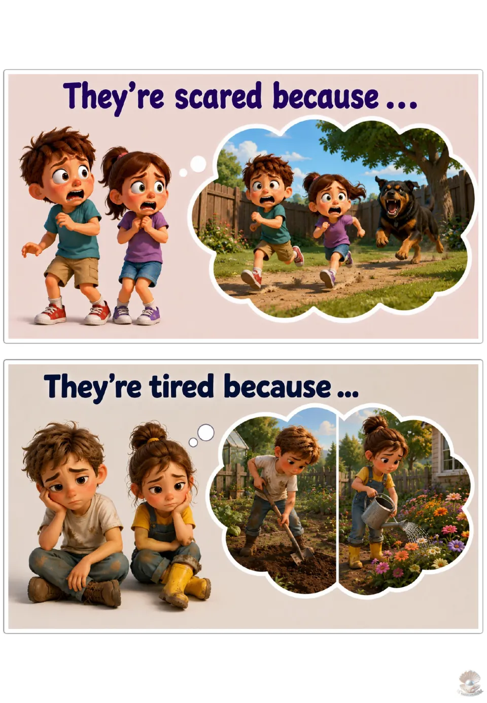 Sentence starters 'They're scared because ...' and 'They're tired because ...' with a dog chase and garden work