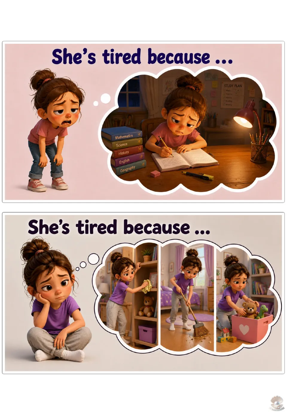 Tired sentence starter: students finish 'She's tired because ...' for late-night studying and cleaning her bedroom