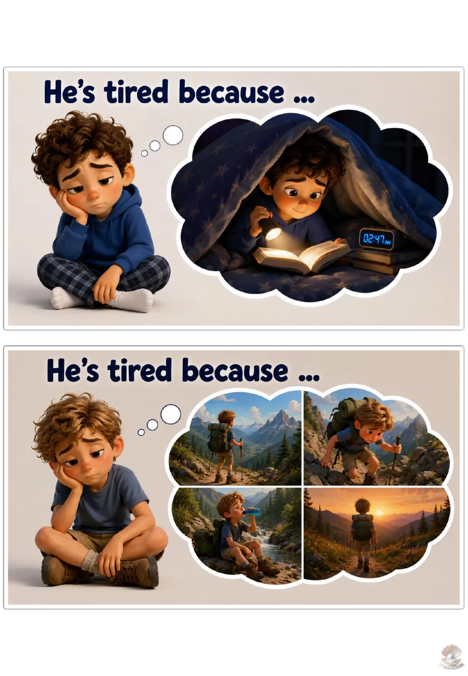 Tired sentence starter: students finish 'He's tired because ...' for reading by flashlight at night and a long hike
