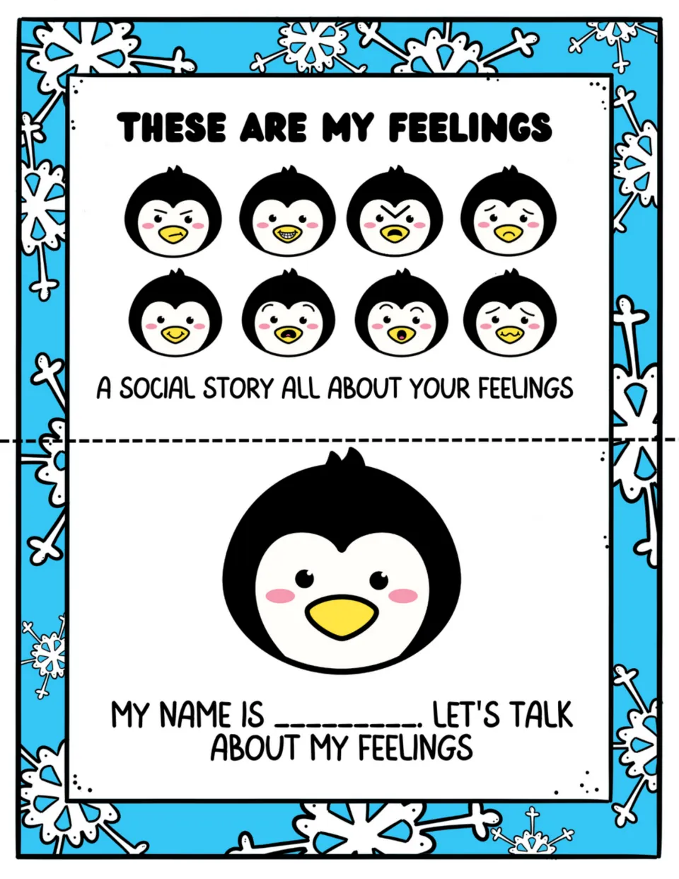Feelings mini-book pages 1–2: story title, eight penguin expressions, and a personal introduction to feelings
