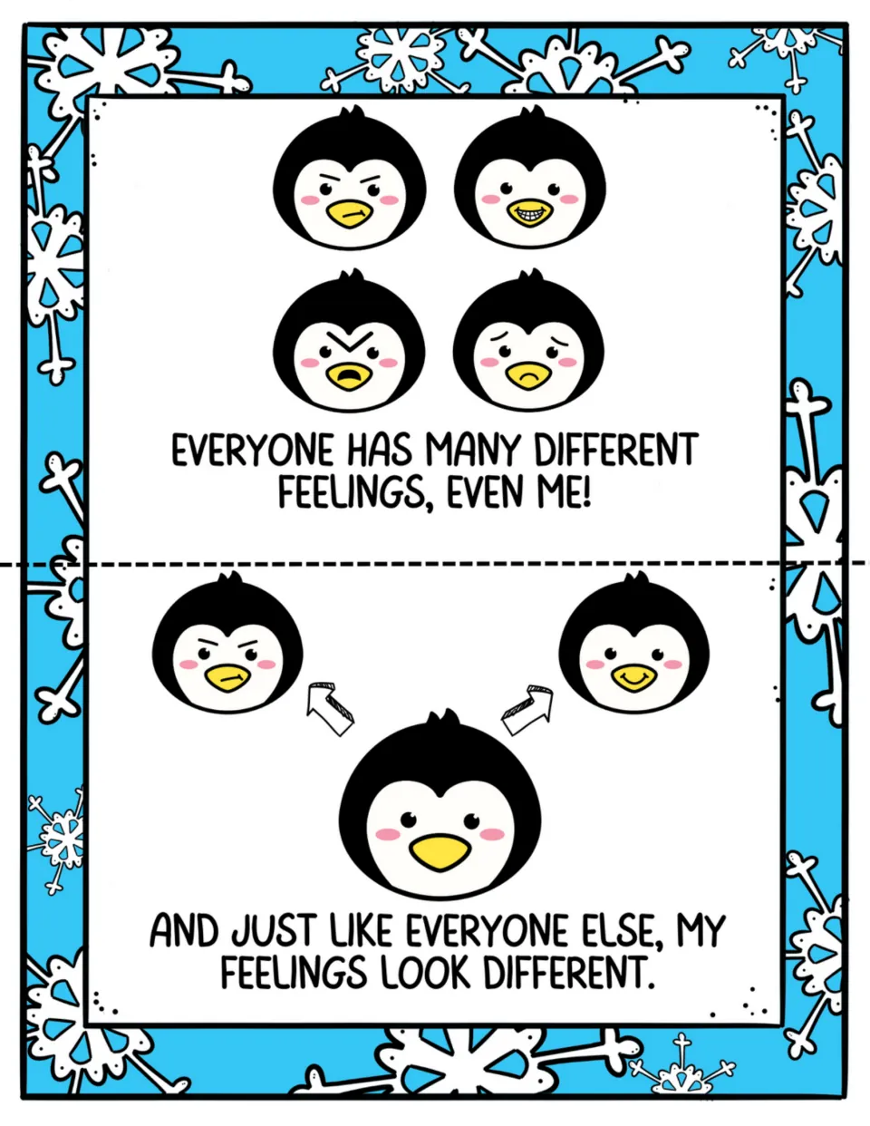 Feelings mini-book pages 3–4: everyone has different feelings, illustrated through penguin facial expressions