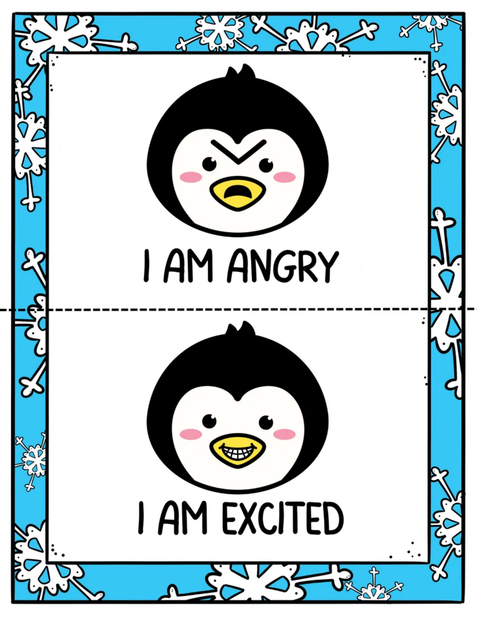 Feelings mini-book pages 5–6: penguin expressions illustrate the statements “I am angry” and “I am excited”