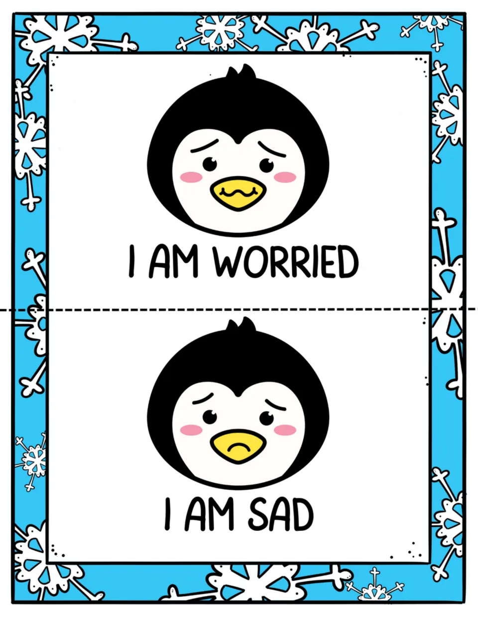 Feelings mini-book pages 7–8: penguin expressions illustrate the statements “I am worried” and “I am sad”