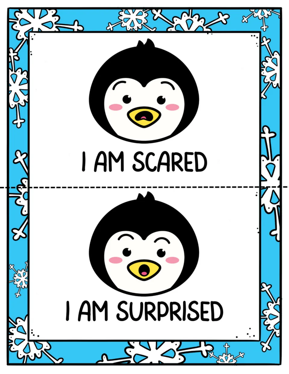 Feelings mini-book pages 9–10: penguin faces illustrate the statements “I am scared” and “I am surprised”