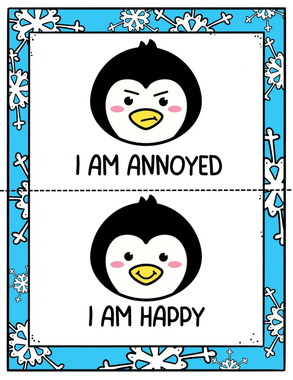 Feelings mini-book pages 11–12: penguin faces illustrate the statements “I am annoyed” and “I am happy”