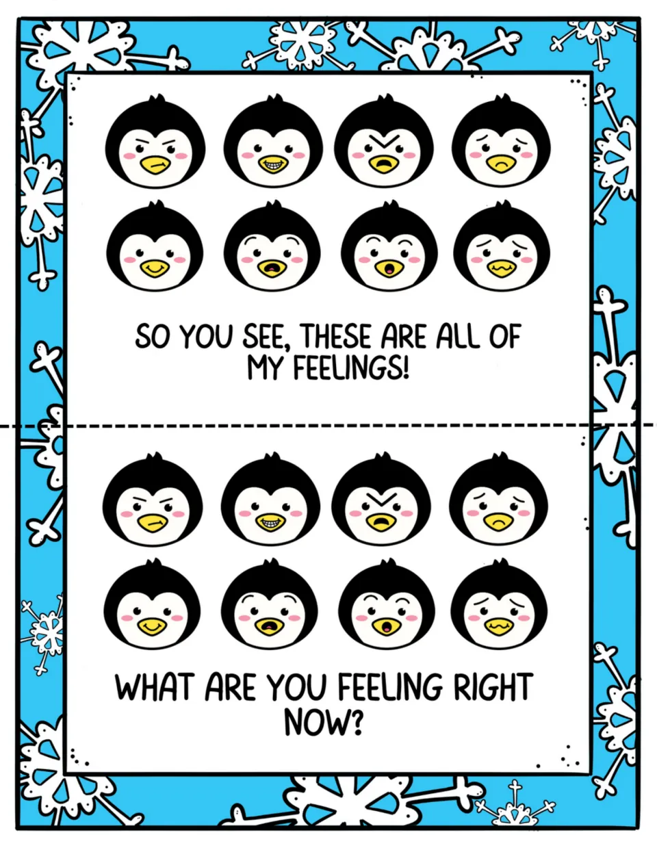 Feelings mini-book pages 13–14: eight expressions recap the story and ask “What are you feeling right now?”