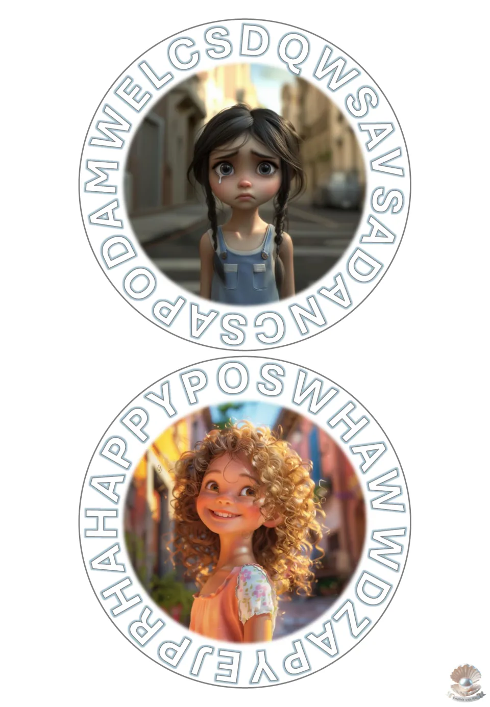 Feelings word search for sad and happy: students find each hidden word in the ring of letters around a character
