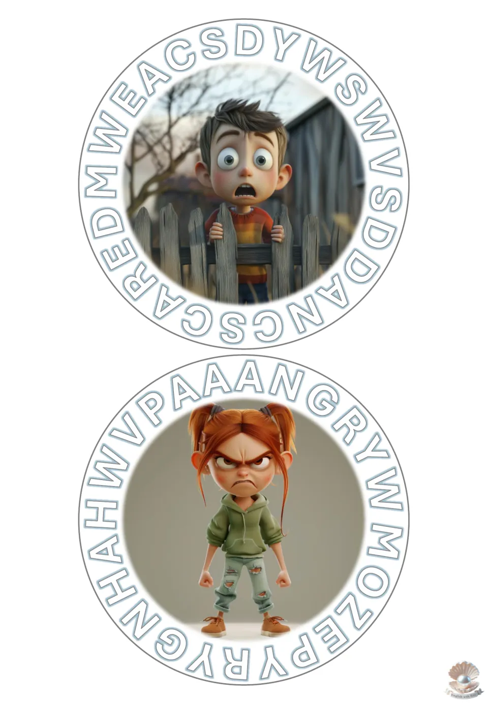 Feelings word search for scared and angry: students find each hidden word in the letters ringing a character picture