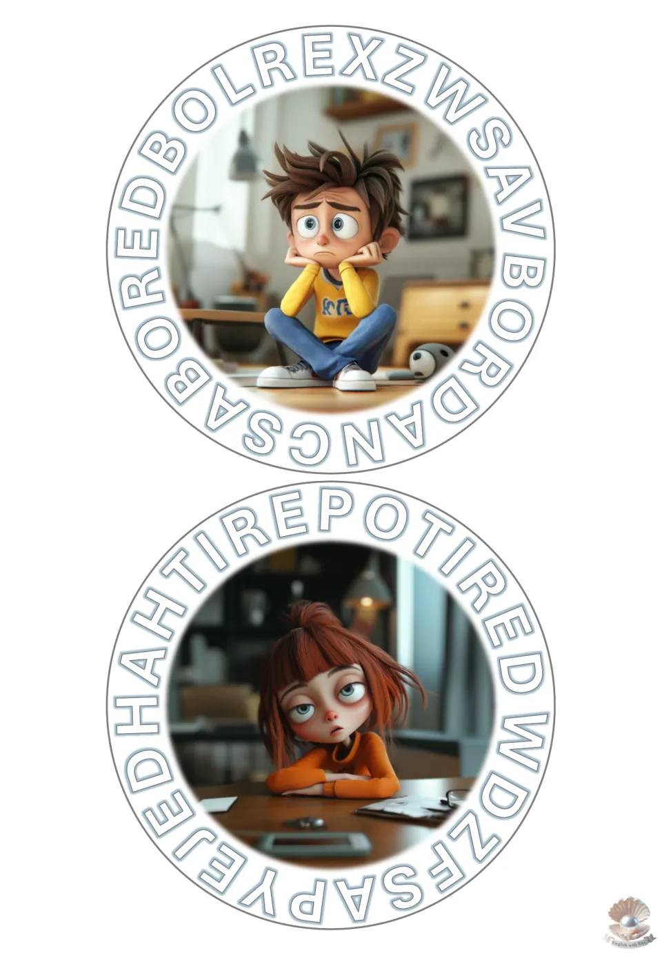 Feelings word search for bored and tired: students find each hidden word in the ring of letters around a character