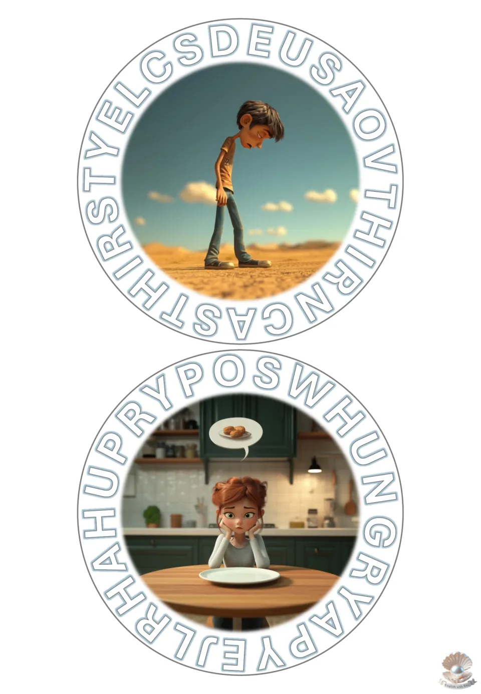 Word search for thirsty and hungry: students find each hidden word in the ring of letters around a character picture