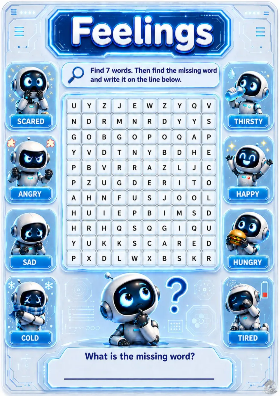 Feelings word search with robots: students find 7 words like scared, thirsty and tired, then write the missing one