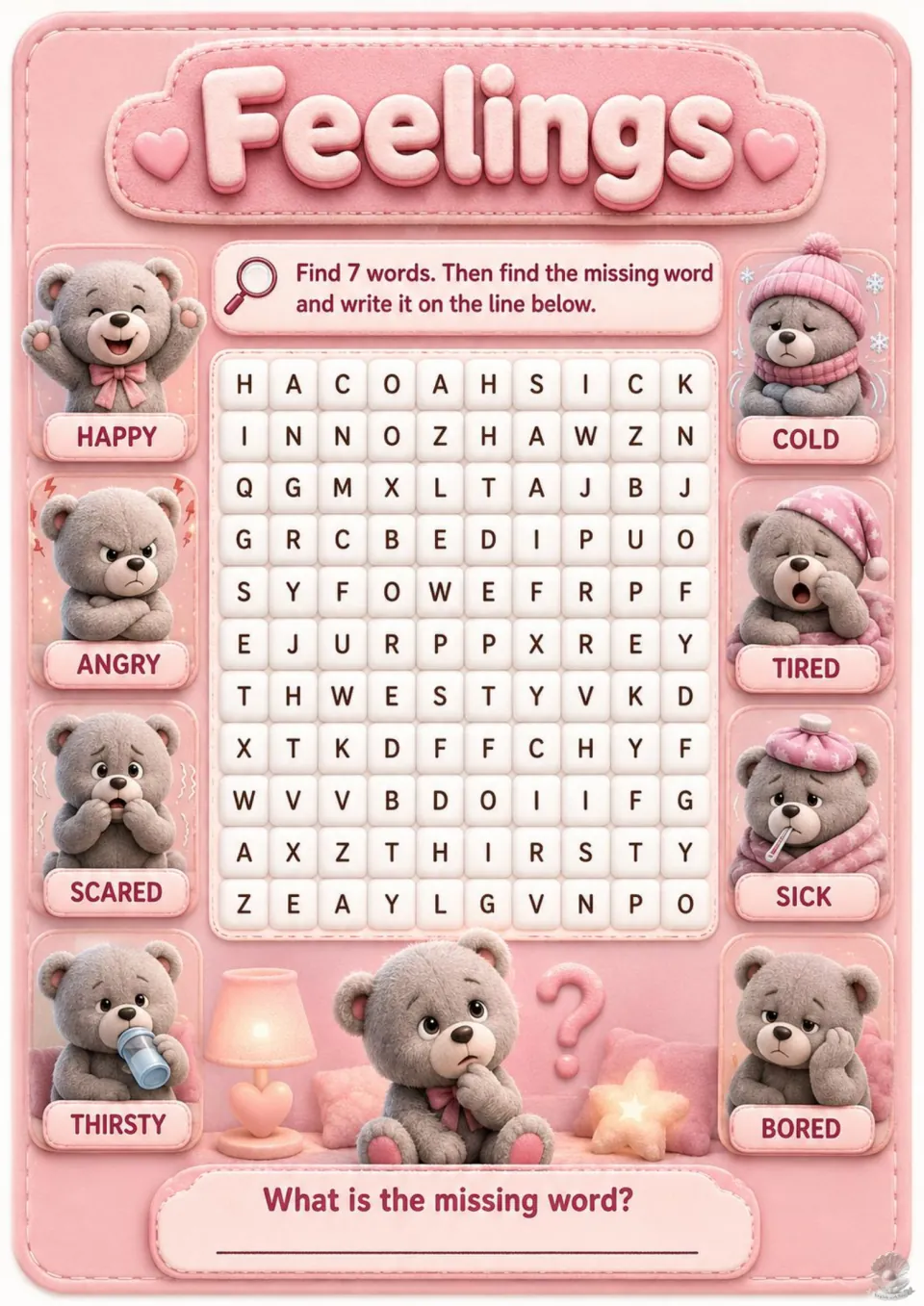 Feelings word search with teddy bears: students circle 7 words like sick, bored and cold, then write the missing feeling