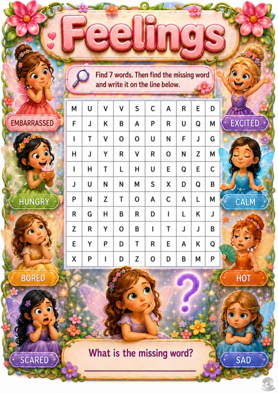 Feelings word search with fairies: find 7 emotion words like embarrassed, excited and calm, then write the one left out