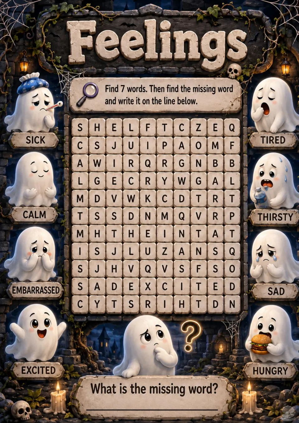 Feelings word search with ghosts: students find 7 words like embarrassed, thirsty and sick, then record the missing word