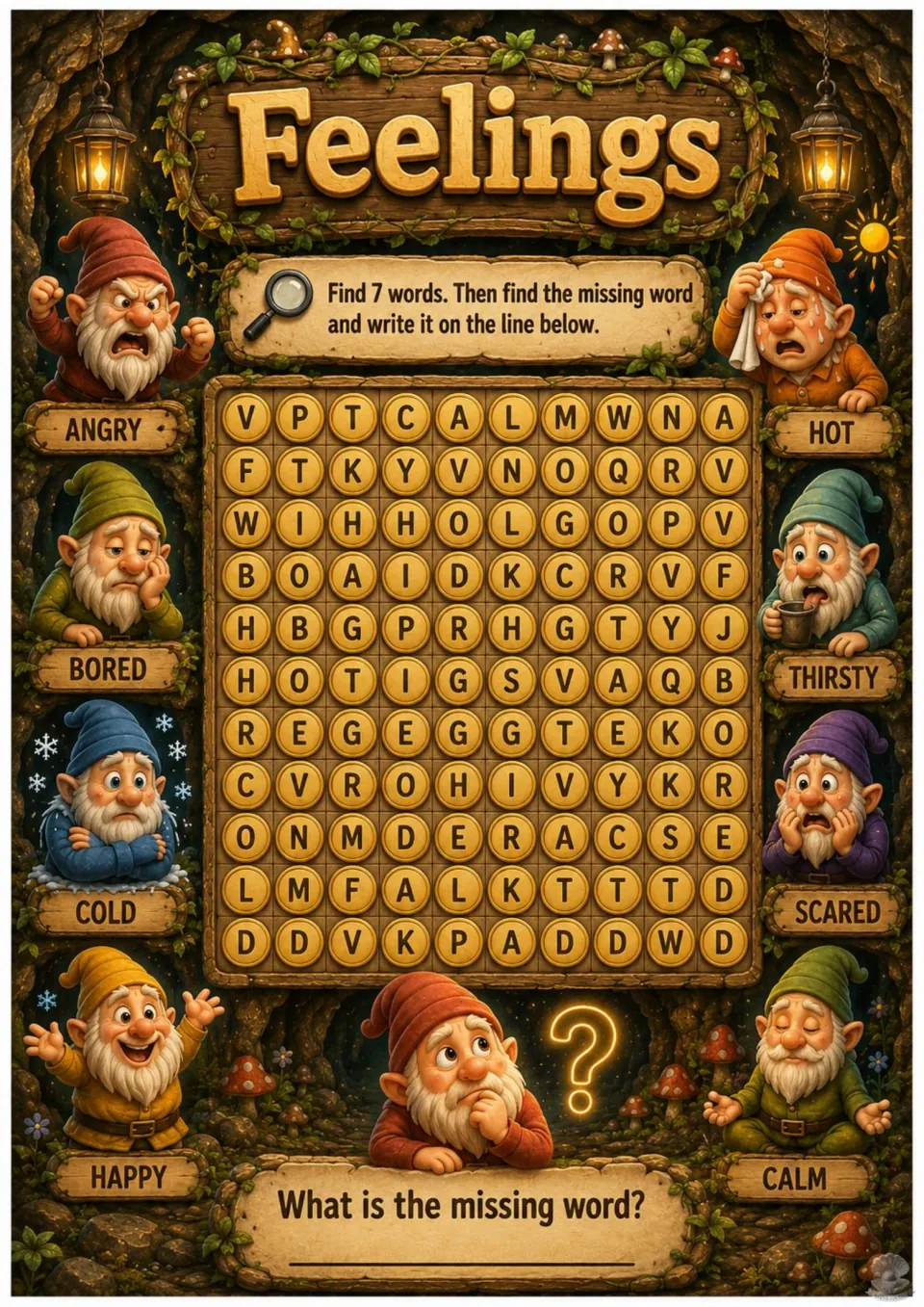 Feelings word search with gnomes: students spot 7 words like angry, hot and calm, then name the eighth pictured feeling