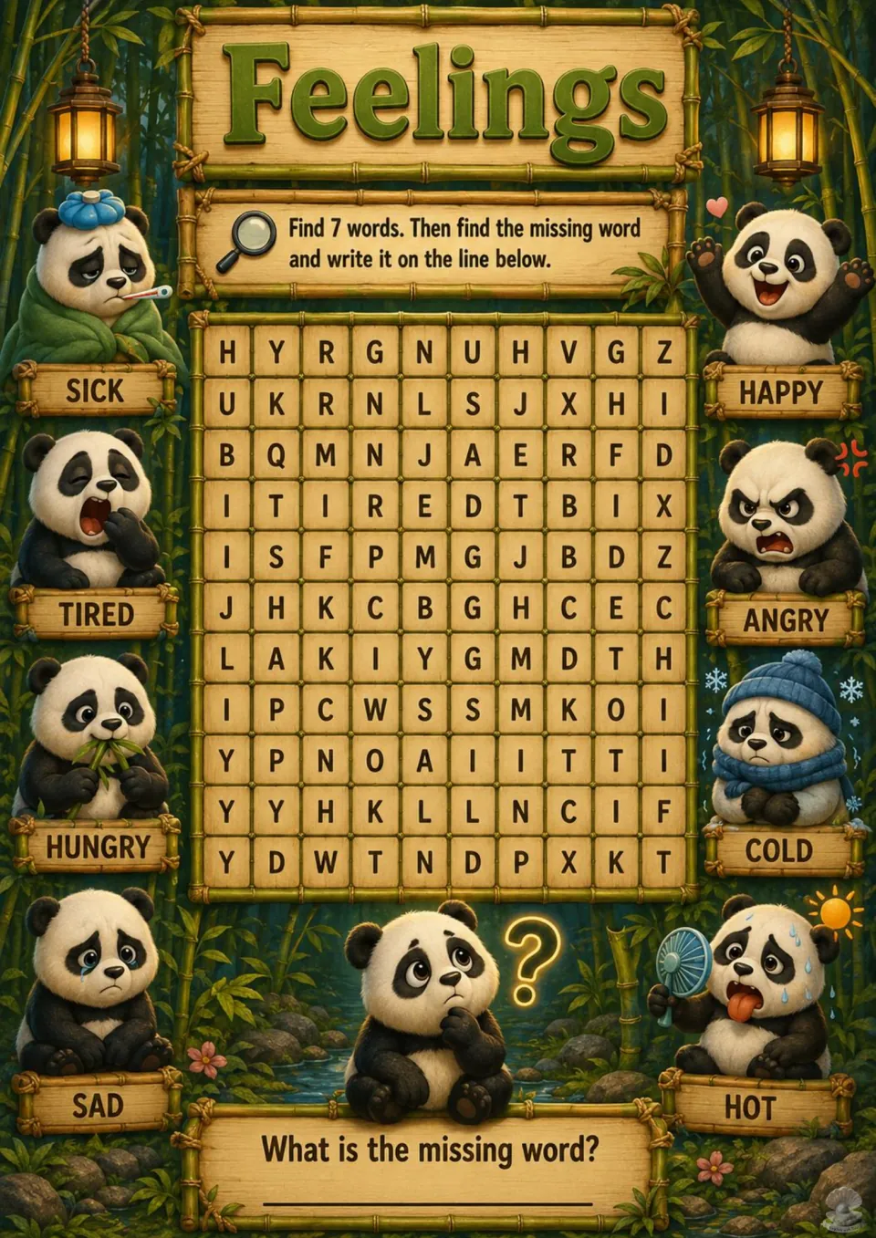 Feelings word search with pandas: students hunt for 7 words like hungry, sick and hot, then write the missing feeling