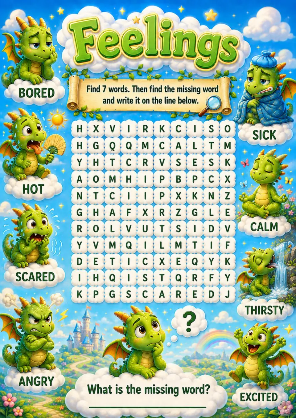 Feelings word search with dragons: students find 7 emotion words like bored, calm and excited, then write the missing word