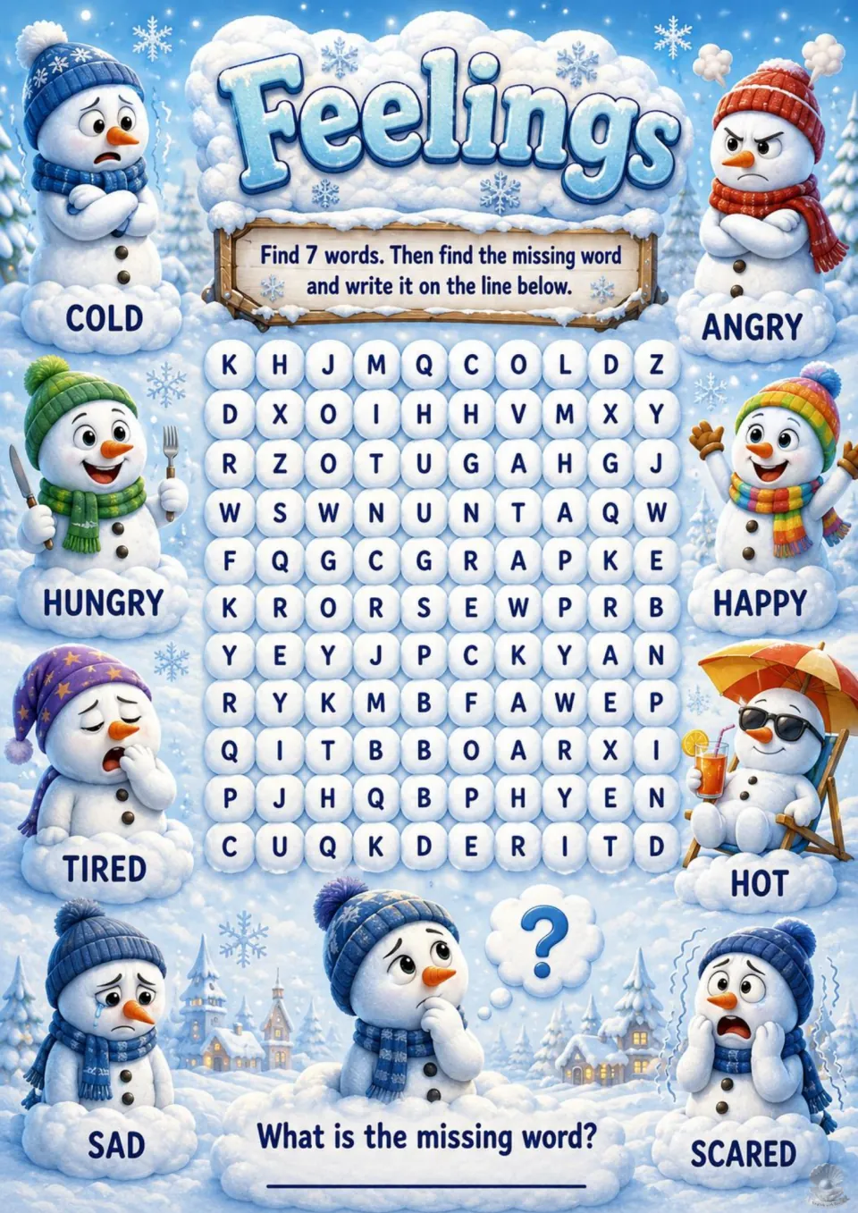Feelings word search with snowmen: students find 7 words like cold, hot and hungry, then work out which feeling is missing