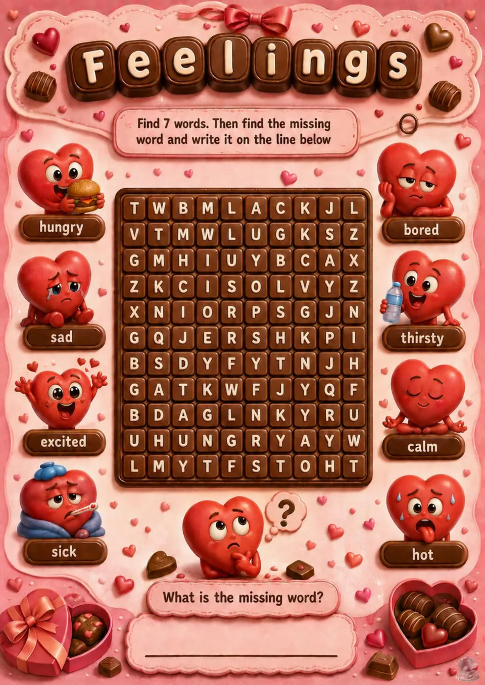 Feelings word search with hearts: students find 7 lowercase words like bored, calm and thirsty, then add the missing one