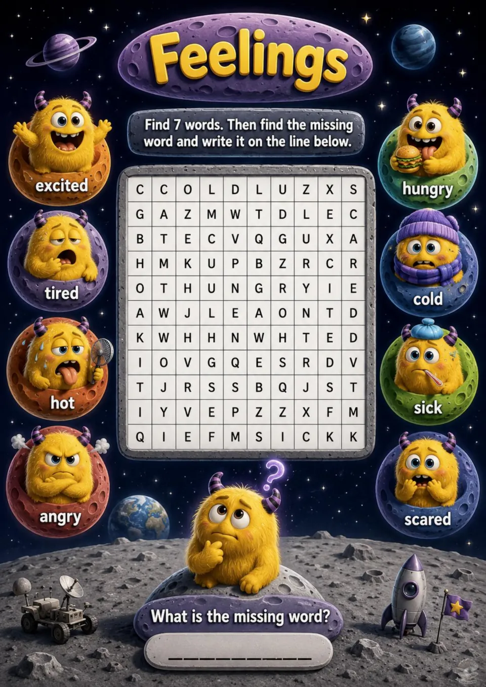 Feelings word search with space monsters: students find 7 words like excited, scared and sick, then write the missing word