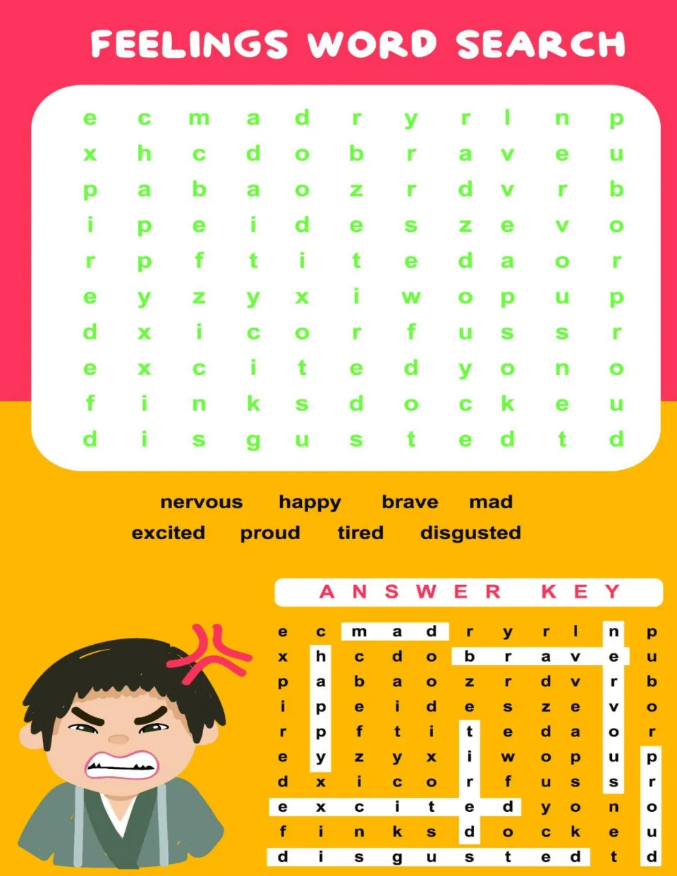 Emotion words puzzle: students find nervous, happy, brave, mad, excited, proud, tired and disgusted; answer key below