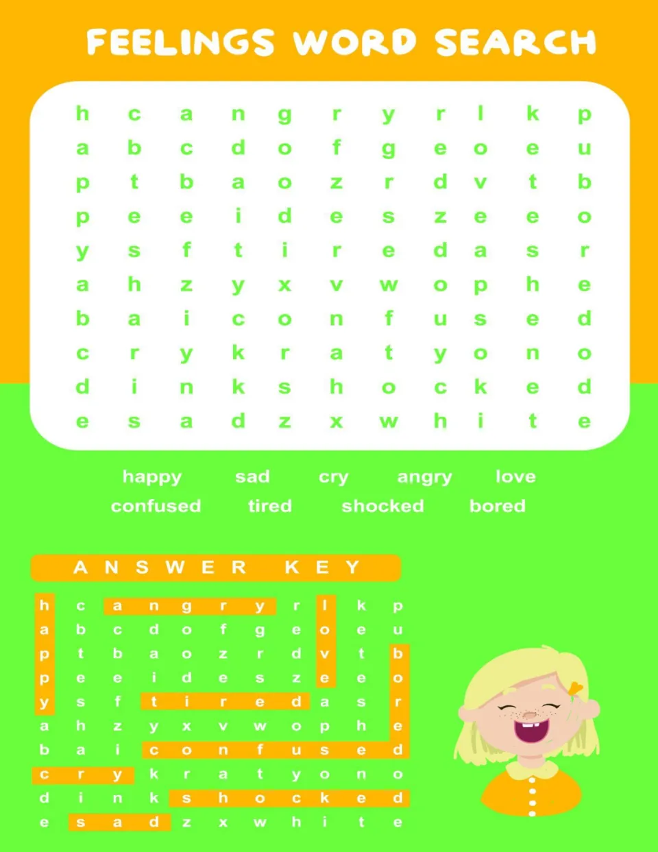 Feelings vocabulary hunt: students locate happy, sad, cry, angry, love, confused, tired, shocked and bored; answer key