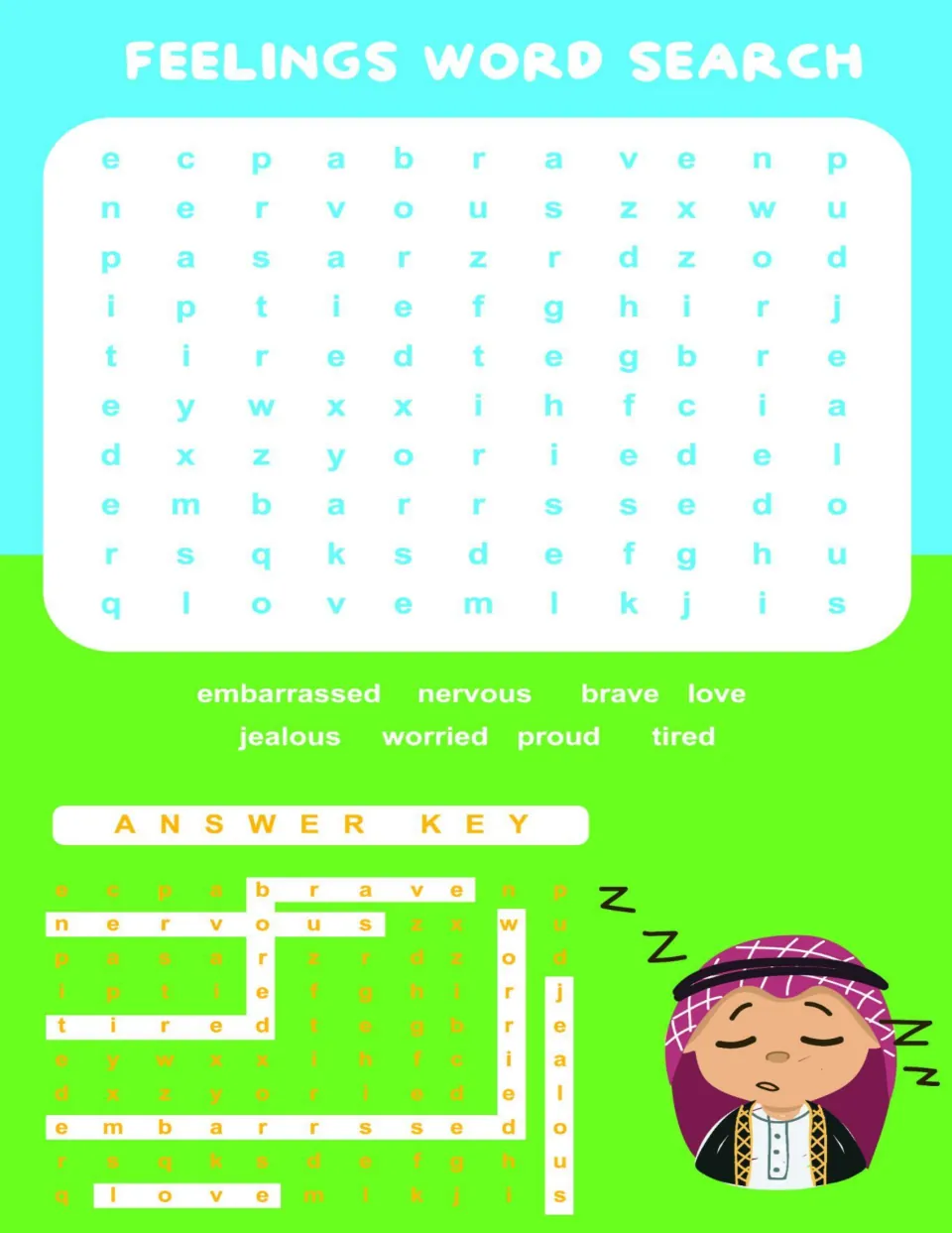 Emotion word hunt: students find embarrassed, nervous, brave, love, jealous, worried, proud and tired; solved key below
