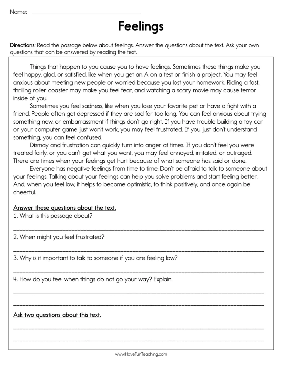 Reading passage about feelings with four questions and a prompt to write two questions about the text.