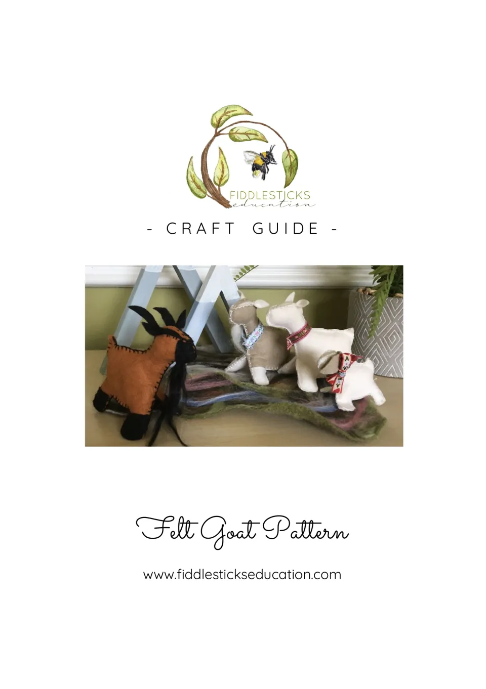 Felt Goat Pattern craft guide cover from Fiddlesticks Education, showing four stuffed felt goats, three with ribbons