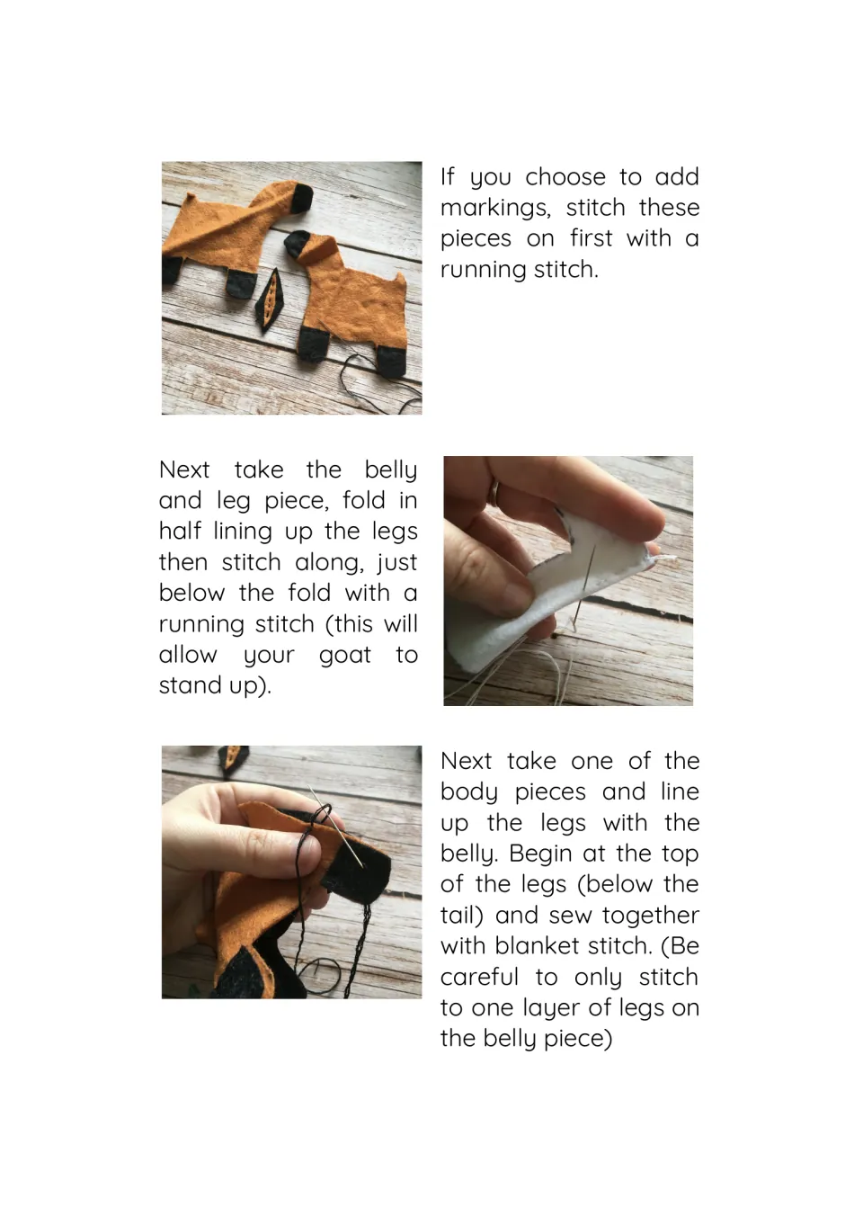 Sewing steps: running stitch the markings and folded belly, then join a body piece to the belly legs with blanket stitch