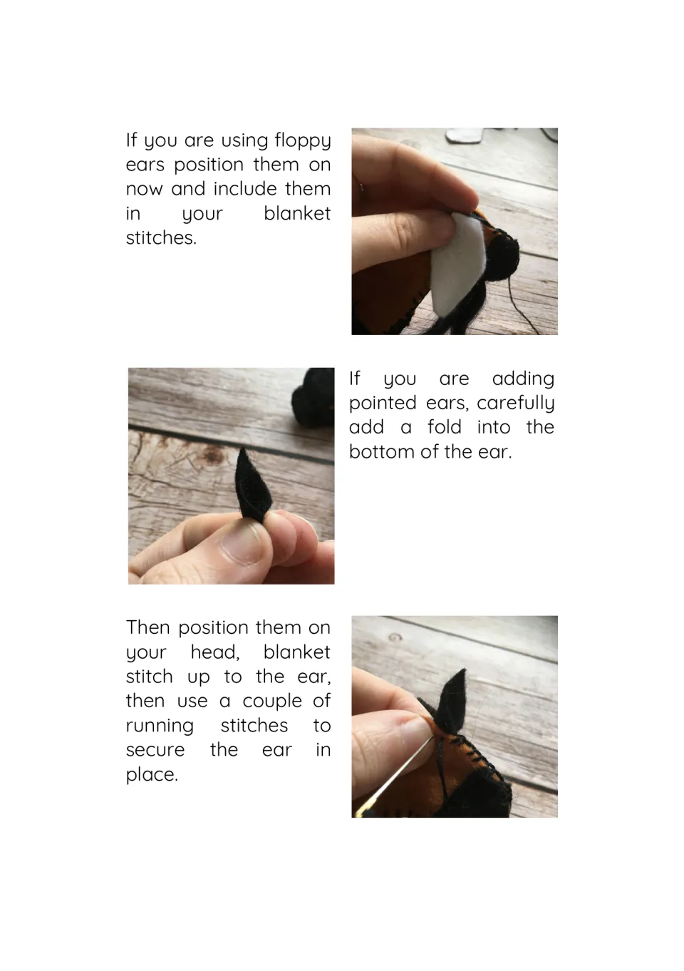 Attaching ears: floppy ears join the blanket stitch; pointed ears are folded at the base and tacked with running stitch