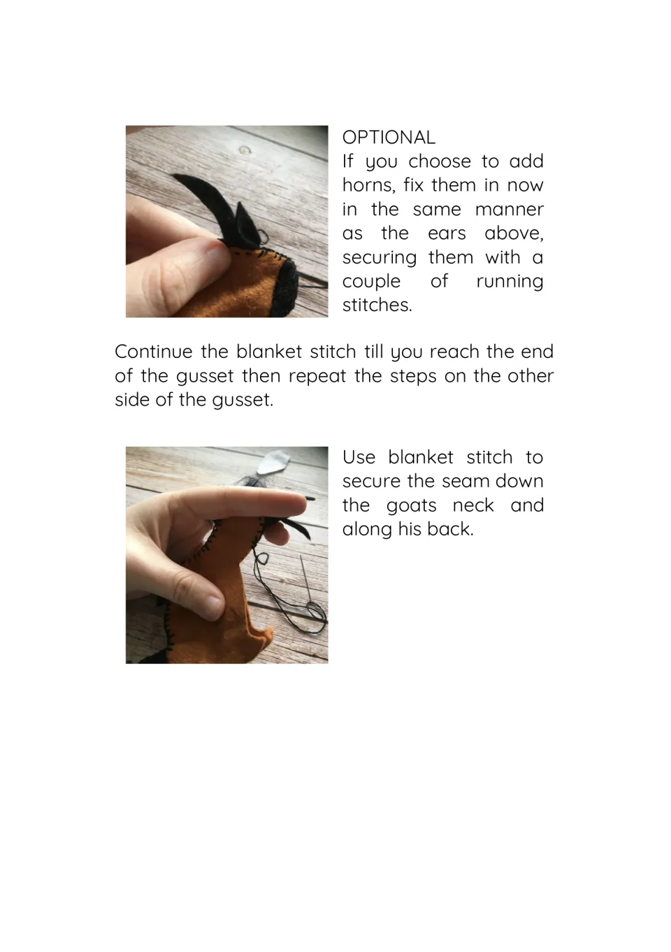 Adding optional horns like the ears, finishing the gusset on both sides, then blanket stitching down the neck and back