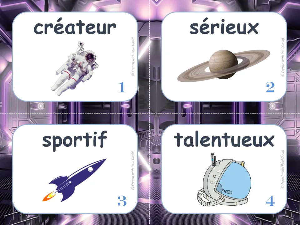 French feminine-form practice cards 1–4: créateur (creator), sérieux (serious), sportif, and talentueux.
