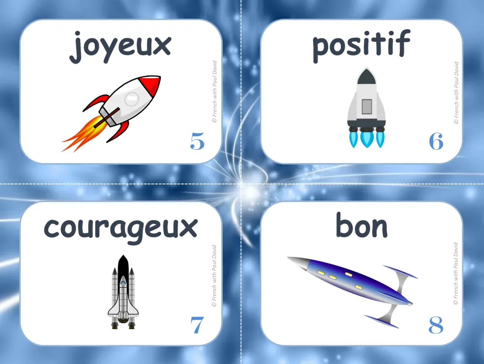 French feminine-form practice cards 5–8: joyeux (joyful), positif (positive), courageux, and bon (good).