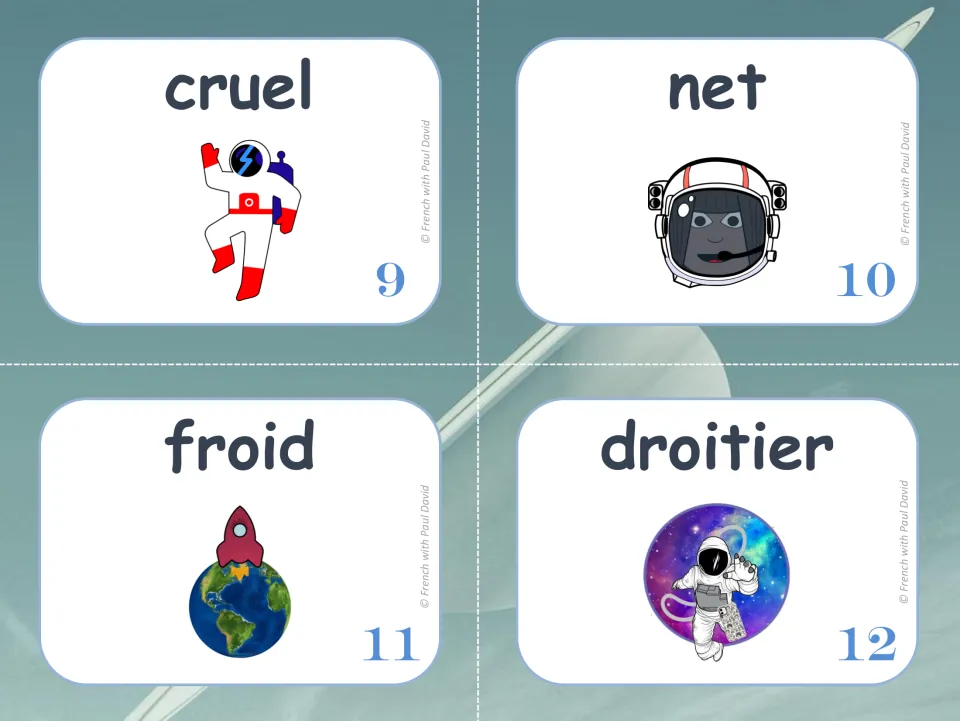 French feminine-form practice cards 9–12: cruel (cruel), net (clear), froid (cold), and droitier.