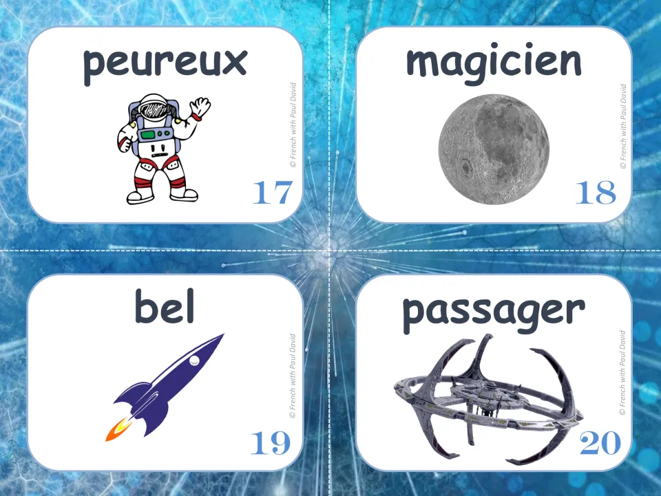 French feminine-form practice cards 17–20: peureux (fearful), magicien (magician), bel, and passager.