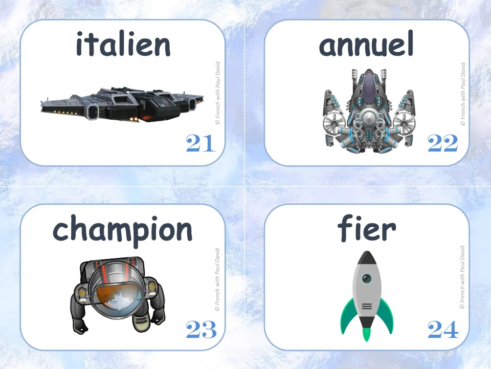 French feminine-form practice cards 21–24: italien (Italian), annuel (annual), champion, and fier (proud).