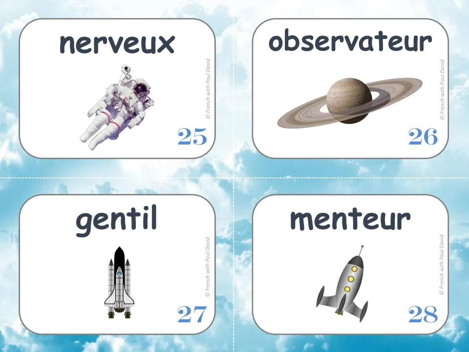 French feminine-form practice cards 25–28: nerveux (nervous), observateur, gentil (kind), and menteur.