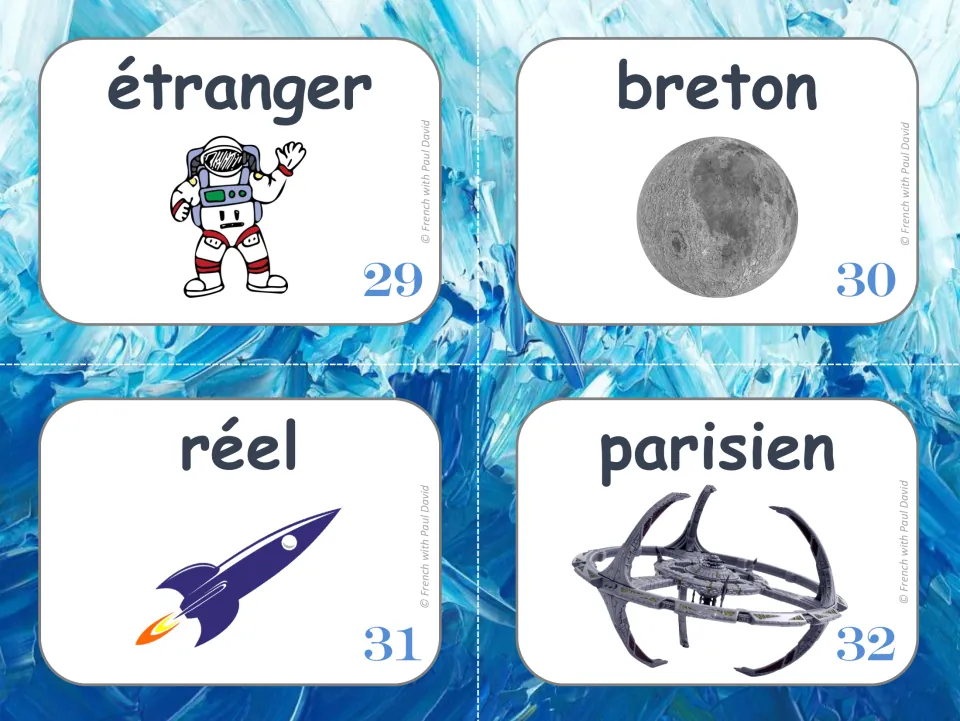 French feminine-form practice cards 29–32: étranger (foreign), breton (Breton), réel (real), and parisien.