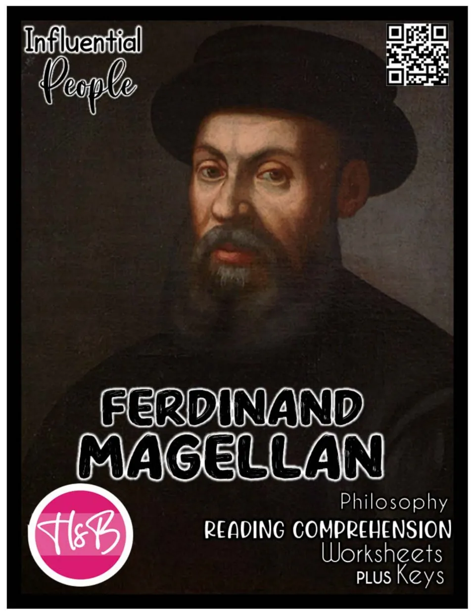 Cover of Ferdinand Magellan Worksheets, featuring his portrait and labels for reading comprehension and keys