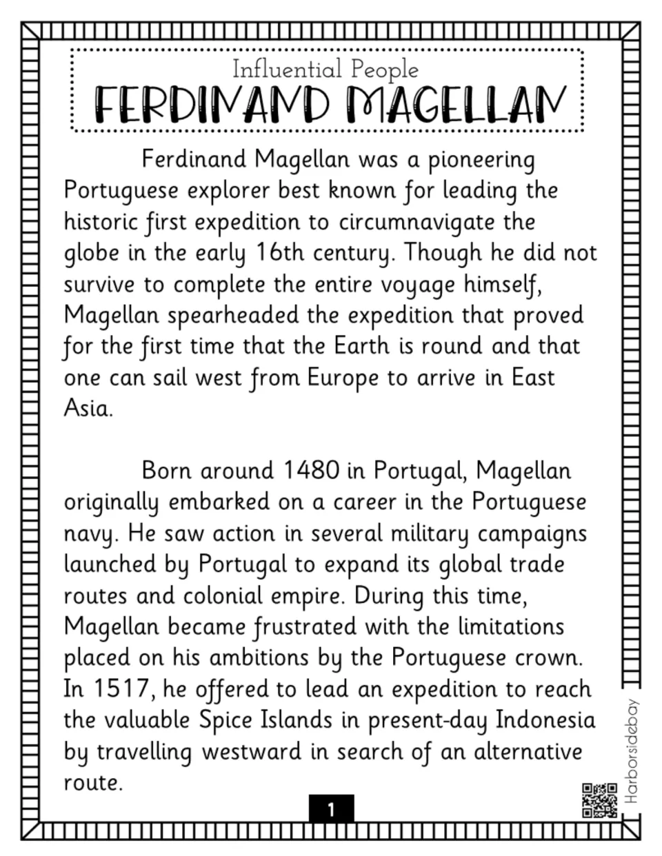 Biography part 1 introduces Magellan's Portuguese origins, naval career, and proposed Spice Islands voyage