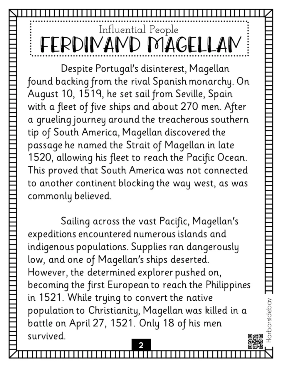 Biography part 2 follows Magellan's Spanish backing, 1519 departure, Pacific crossing, and death in 1521