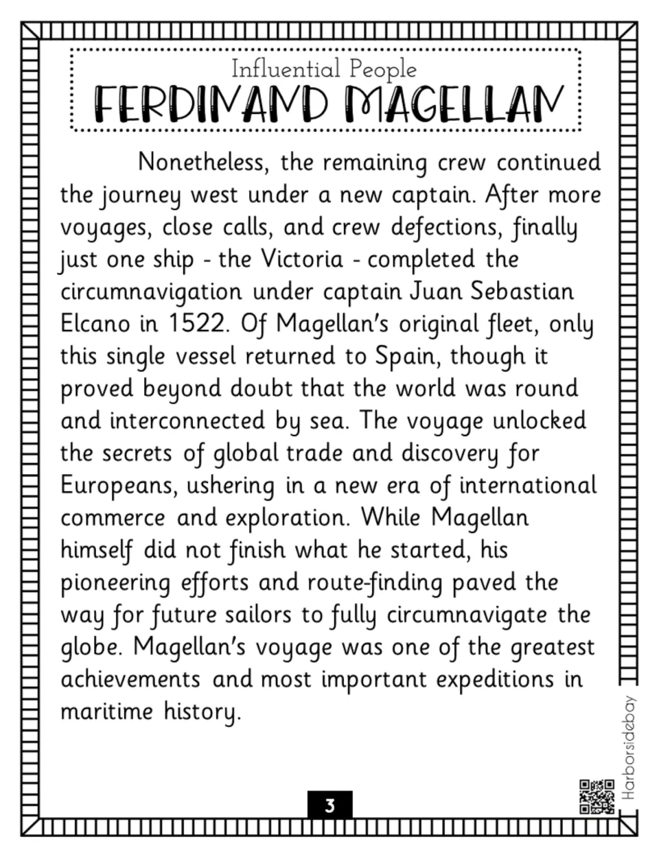 Biography part 3 describes the Victoria's return under Juan Sebastian Elcano in 1522 and the voyage's legacy