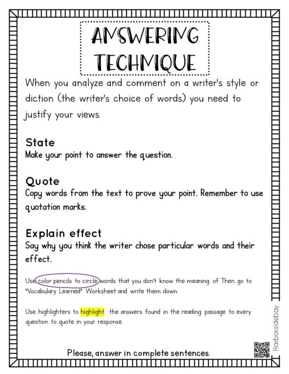 Answering Technique guide teaches students to state a point, quote the text, and explain word choice effects