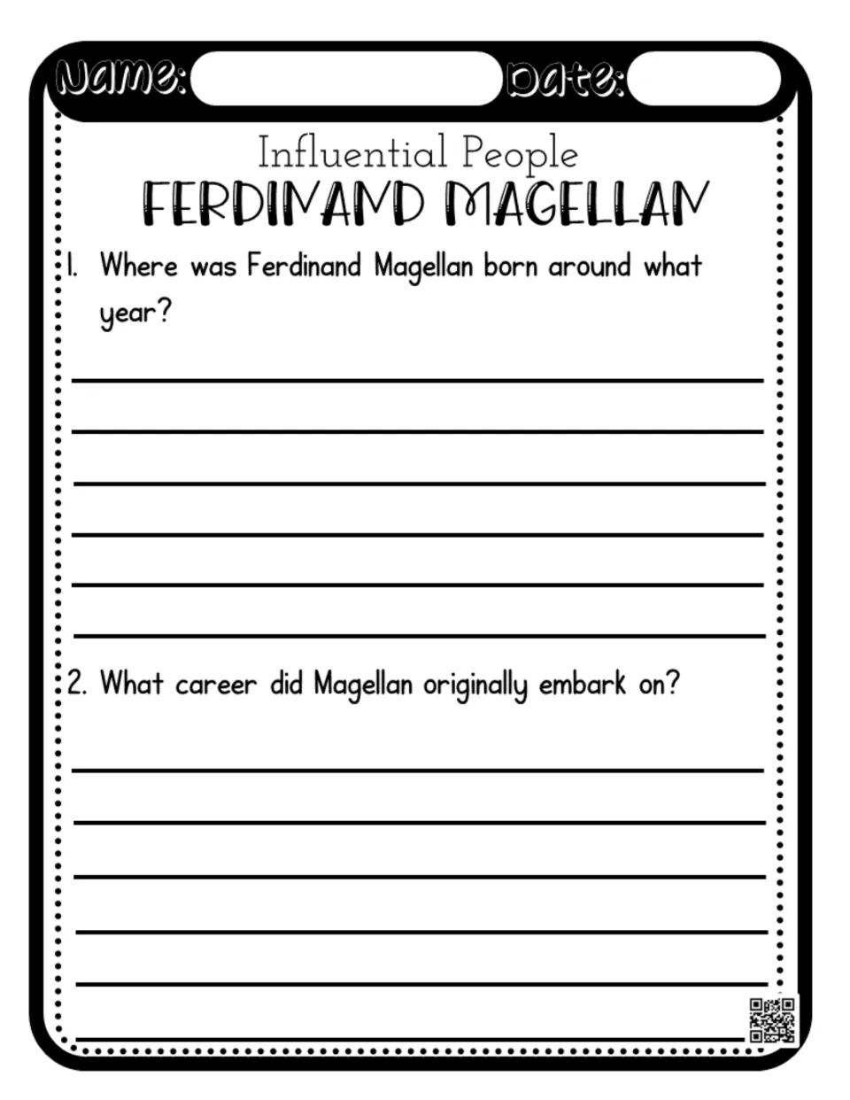 Magellan comprehension questions 1–2 ask students to identify his birthplace, approximate birth year, and first career