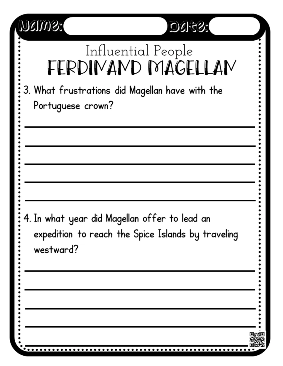 Magellan comprehension questions 3–4 ask about frustrations with Portugal's crown and his Spice Islands proposal year