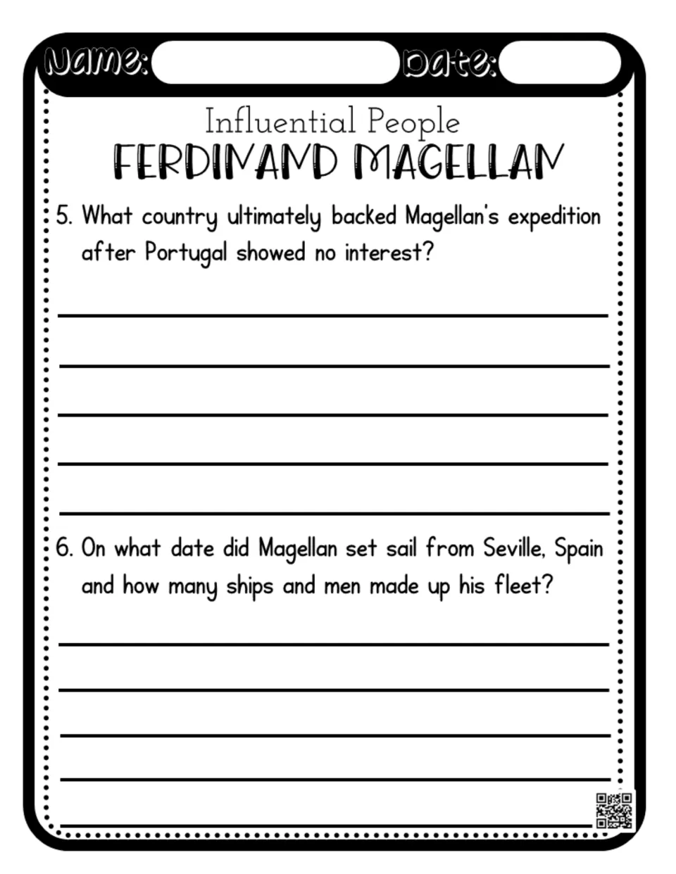 Magellan comprehension questions 5–6 ask which country backed him, his departure date, and fleet size